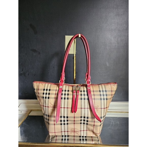 BURBERRY Haymarket Check Small Salisbury Tote Bag Beige/Red - Picture 1 of 13